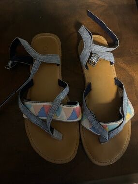 Toms Denim-Strap Sandals with Multicolor Geo Band - Blue/Tan